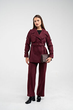 Kuşaklı Çift Düğmeli Süet Dokulu Kadın Takım 1761