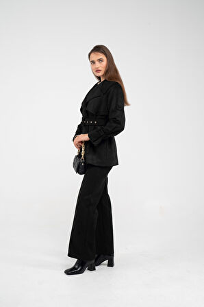 Kuşaklı Çift Düğmeli Süet Dokulu Kadın Takım 1761