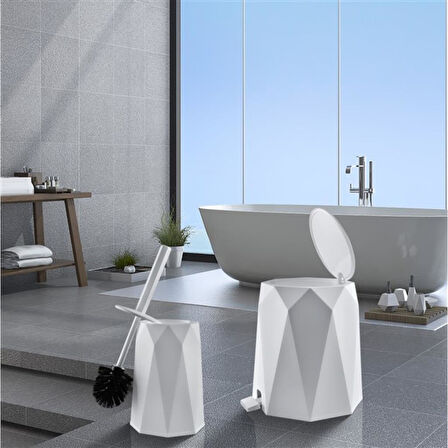 Omnipazar ELF-478 Geo 2'li Çöp Kovalı Wc Fırçalı Banyo Seti Beyaz