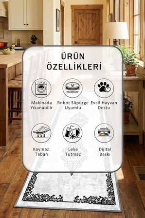 Pervaz Gri Mutfak Tezgah Önü Yıkanabilir Dijital Baskılı Halı
