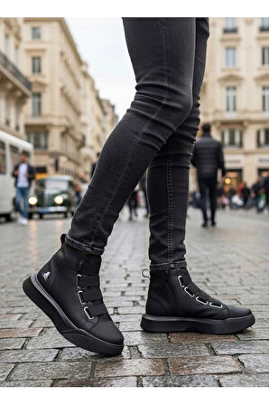 Tarzbu Bantlı Rahat Taban Siyah Yüksek Tabanlı Bağcıksız Erkek Bot Tarz0142