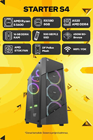 Game Garaj Starter S4 AMD Ryzen 5 5600 16GB RAM 500GB SSD RX580 8GB FreeDOS Oyuncu Tavsiye Sistem