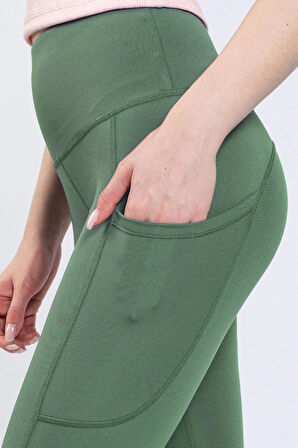 Snc Kadın Çağla Yeşili Cepli Yüksek Bel Toparlayıcı, Kapri Yoga Tayt 19"