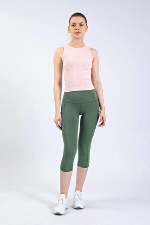 Snc Kadın Çağla Yeşili Cepli Yüksek Bel Toparlayıcı, Kapri Yoga Tayt 19"