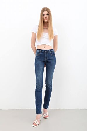 Kadın Likralı Slim Jean Pantolon Mavi