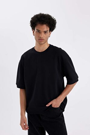 DeFacto Loose Fit Bisiklet Yaka Kısa Kollu Ağır Kumaş Basic Düz Siyah Tişört B4844AX24AUBK81