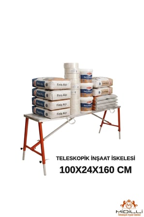 Alüminyum Gövdeli Çelik Ayaklı Teleskopik Katlanır İnşaat İskelesi - 400 Kg Taşıma Kapasitesi 100x24x160cm