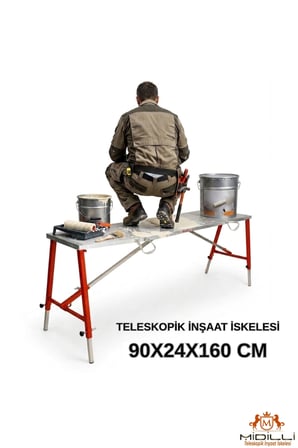 Alüminyum Gövdeli Çelik Ayaklı Teleskopik Katlanır İnşaat İskelesi - 400 Kg Taşıma Kapasitesi 90x24x160