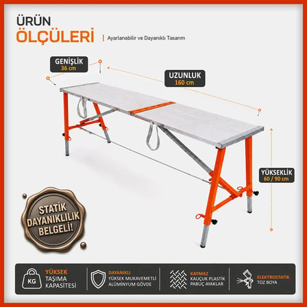 Alüminyum Gövdeli Çelik Ayaklı Teleskopik Katlanır İnşaat İskelesi - 400 Kg Taşıma Kapasitesi 90x36x160cm