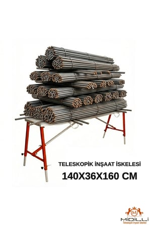 Alüminyum Gövdeli Çelik Ayaklı Teleskopik Katlanır İnşaat İskelesi - 400 Kg Taşıma Kapasitesi 140x36x160cm