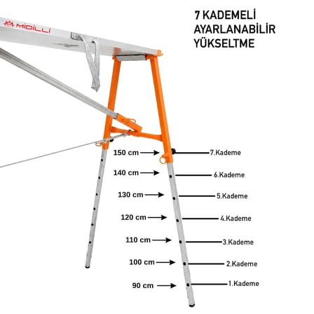Alüminyum Gövdeli Çelik Ayaklı Teleskopik Katlanır İnşaat İskelesi - 400 Kg Taşıma Kapasitesi 150x36x200cm