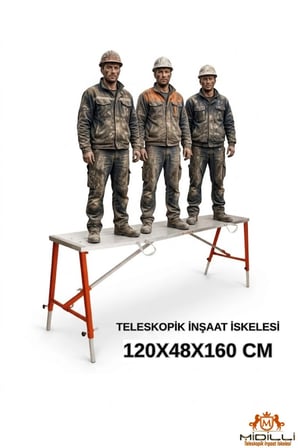 Alüminyum Gövdeli Çelik Ayaklı Teleskopik Katlanır İnşaat İskelesi - 400 Kg Taşıma Kapasitesi 120x48x160cm
