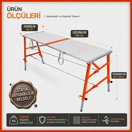 Alüminyum Gövdeli Çelik Ayaklı Teleskopik Katlanır İnşaat İskelesi - 400 Kg Taşıma Kapasitesi 140x48x200cm