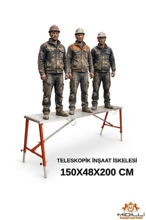 Alüminyum Gövdeli Çelik Ayaklı Teleskopik Katlanır İnşaat İskelesi - 400 Kg Taşıma Kapasitesi 150x48x200cm