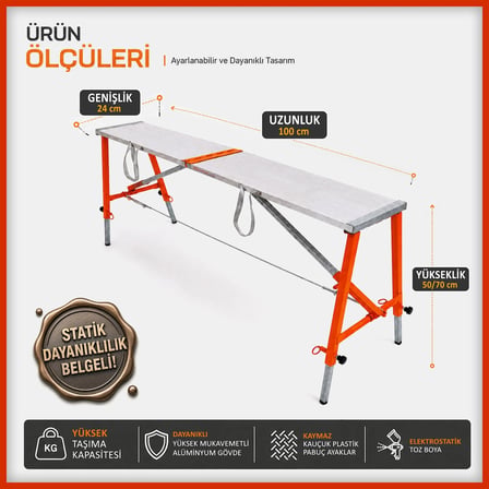 Alüminyum Gövdeli Çelik Ayaklı Teleskopik Katlanır İnşaat İskelesi - 400 Kg Taşıma Kapasitesi 70x24x100cm