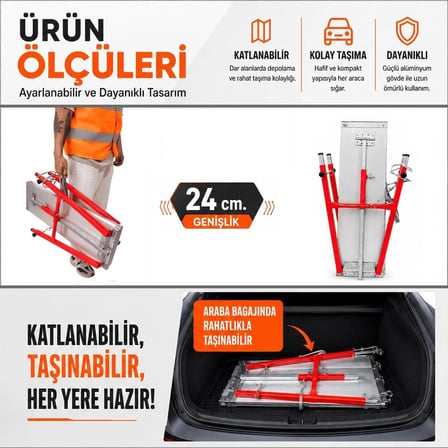 Alüminyum Gövdeli Çelik Ayaklı Teleskopik Katlanır İnşaat İskelesi - 400 Kg Taşıma Kapasitesi 70x24x100cm