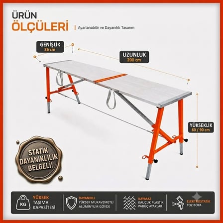 Alüminyum Gövdeli Çelik Ayaklı Teleskopik Katlanır İnşaat İskelesi - 400 Kg Taşıma Kapasitesi 90x36x200cm