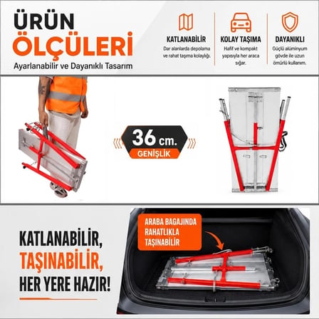 Alüminyum Gövdeli Çelik Ayaklı Teleskopik Katlanır İnşaat İskelesi - 400 Kg Taşıma Kapasitesi 110x36x200cm