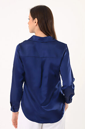 Kadın Hafif Dökümlü Lacivert Saten Gömlek