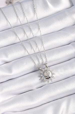 316L Çelik Gümüş Renk Zirkon Taşlı Güneş Model İşleme Yazı Detay Arkadaşlık Kolyesi