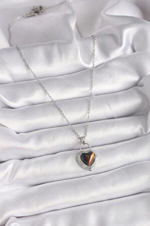 316L Çelik Gümüş Renk Zincir Kilit Kalp Kehribar Boncuk Model Kadın Kolye