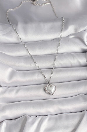 316L Çelik Gümüş Renk Zincir 3D İnci Kalp Model Kadın Kolye