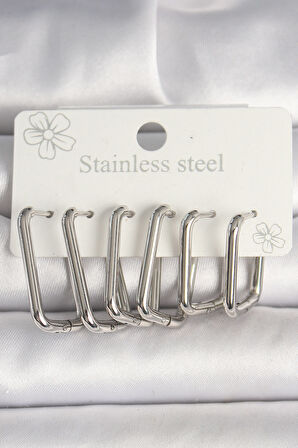 316L Çelik Gümüş Renk Kare Model Kadın Küpe Seti