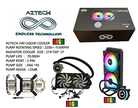 AZTECH LIQUID COOLING AZ240 - 1B AM5  1700P 240mm ARGB Fan Siyah Sıvı Soğutucu