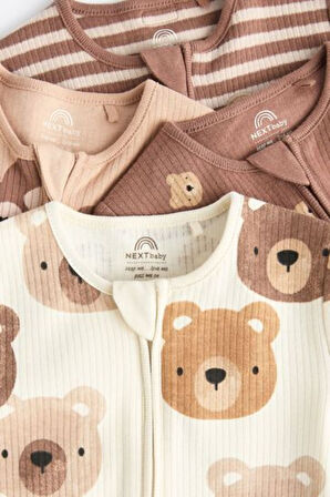 Next Baby % 100 Pamuklu Krem Ayıcık Desenli 4'lü Tulum Set