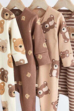 Next Baby % 100 Pamuklu Krem Ayıcık Desenli 4'lü Tulum Set