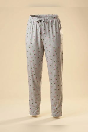 Büyük Beden Tek Alt Pijama Yumuşak Milan Kumaş İpli Bel Gri Gül Çiçekli Loungewear Pantolon