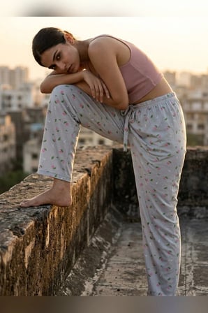 Büyük Beden Tek Alt Pijama Yumuşak Milan Kumaş İpli Bel Gri Gül Çiçekli Loungewear Pantolon