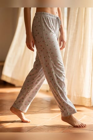 Büyük Beden Tek Alt Pijama Yumuşak Milan Kumaş İpli Bel Gri Gül Çiçekli Loungewear Pantolon