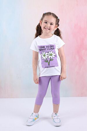 Kız Çocuk Şortlu Fitilli Kapri Tayt Kompak T-Shirt Alt Üst Takım