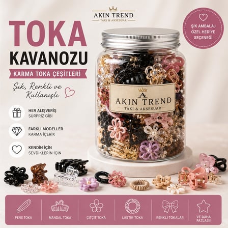 Karışık Toka Kavanozu – Mandal Toka, Pens Toka, Çıtçıt Toka ve Lastik Toka Karışık Model
