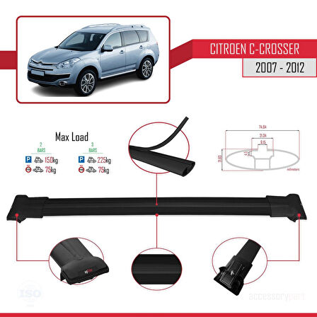 Citroen C-Crosser 2007-2012 Arası ile Uyumlu FLY Model Ara Atkı Tavan Barı Siyah 2 Adet