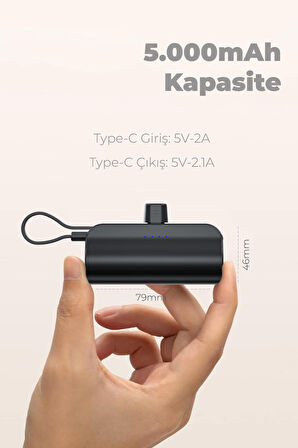 Type-C Soketli Mini Powerbank 5000mAh 2 Type-C Port Dahili Kablolu Taşınabilir Şarj Cihazı Siyah