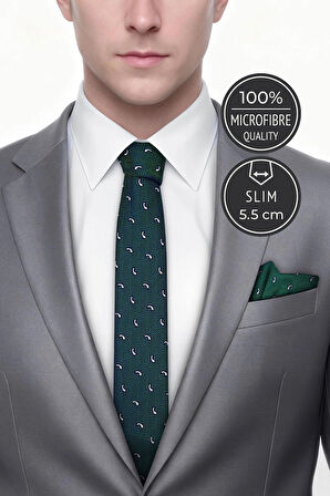 Slim Damla Desen Yeşil Kravat & Mendil