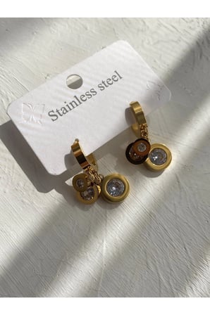 Çelik Gold Taşlı 3lü Sallantılı Cartier Model Küpe -kararma Yapmaz-