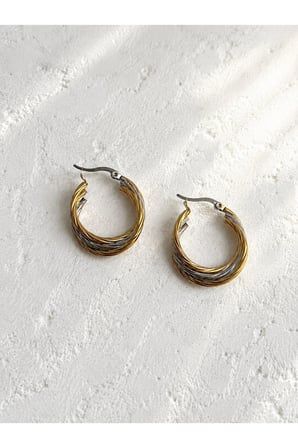 Çelik Gold ve Silver Mix Renk Halat Form Perla Burgu Halka Küpe -kararma yapmaz-