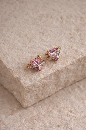 Çelik Pembe Kristal Taşlı Shine Kalp Royce Küpe -kararma yapmaz-