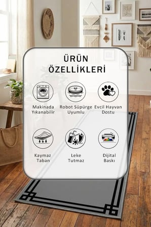 Klasik Gri Siyah Yıkanabilir Yolluk Halı Kaymaz Taban Salon Mutfak Gri Siyah