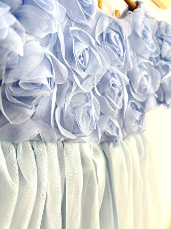 Kız Bebek Mavi Elbise Kısa Kollu Fiyonklu Doğum Günü Parti Düğün Özel Gün Tüllü Astarlı Prenses Parti Elbise 