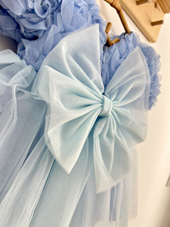 Kız Bebek Mavi Elbise Kısa Kollu Fiyonklu Doğum Günü Parti Düğün Özel Gün Tüllü Astarlı Prenses Parti Elbise 