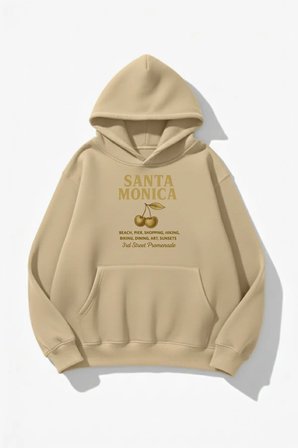 Unisex Yumuşak Dokulu Santa Monica Baskılı Tasarım Oversize 3 İplik Hoodie Sweatshirt