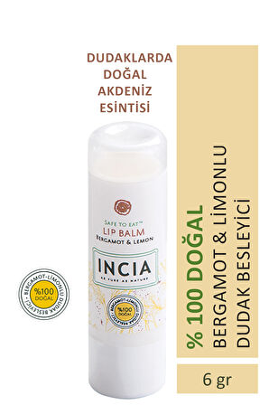 INCIA %100 Doğal Dudak Besleyici Bergamot & Limon Bitkisel Nemlendirici Dudak Bakım Kremi 6 G