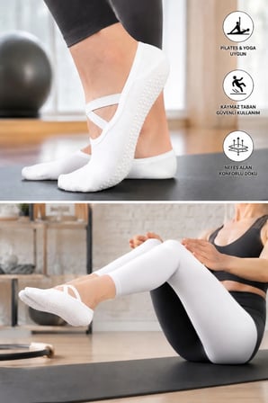 3 Çift Beyaz Pilates Çorabı Kaydırmaz Tabanlı Yoga Reformer Çorabı Çapraz Bantlı
