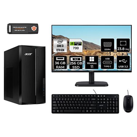 Acer Aspire TC1760 i3 12100 36GB 256GB SSD GT730/4GB W11H DT.BHUEM.004 MASAÜSTÜ PC & 23.8" MONİTÖR