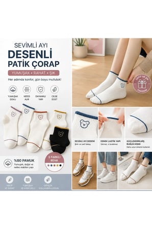 5’li Kadın Patik Çorap Sevimli Ayıcık Desenli Pamuklu Günlük Çorap Seti