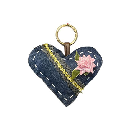 Uretti - Ege 7366 6193 El Yapımı Kalp Model Püskül Şerit Ve Gül Motif Anahtarlık